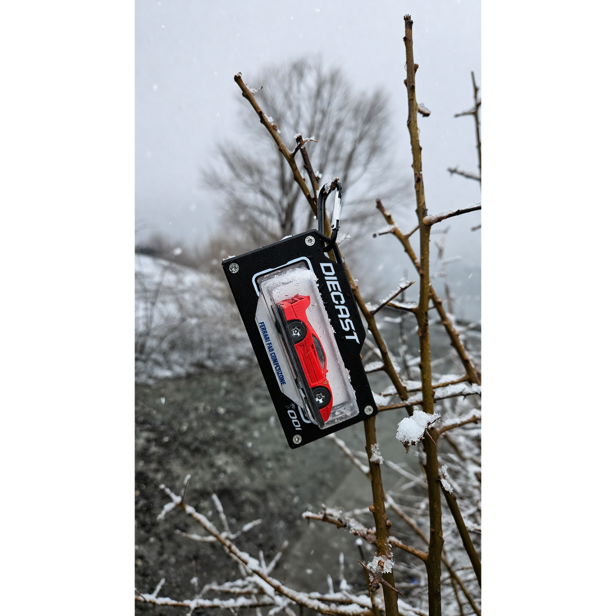diecast black bag tag in snow 