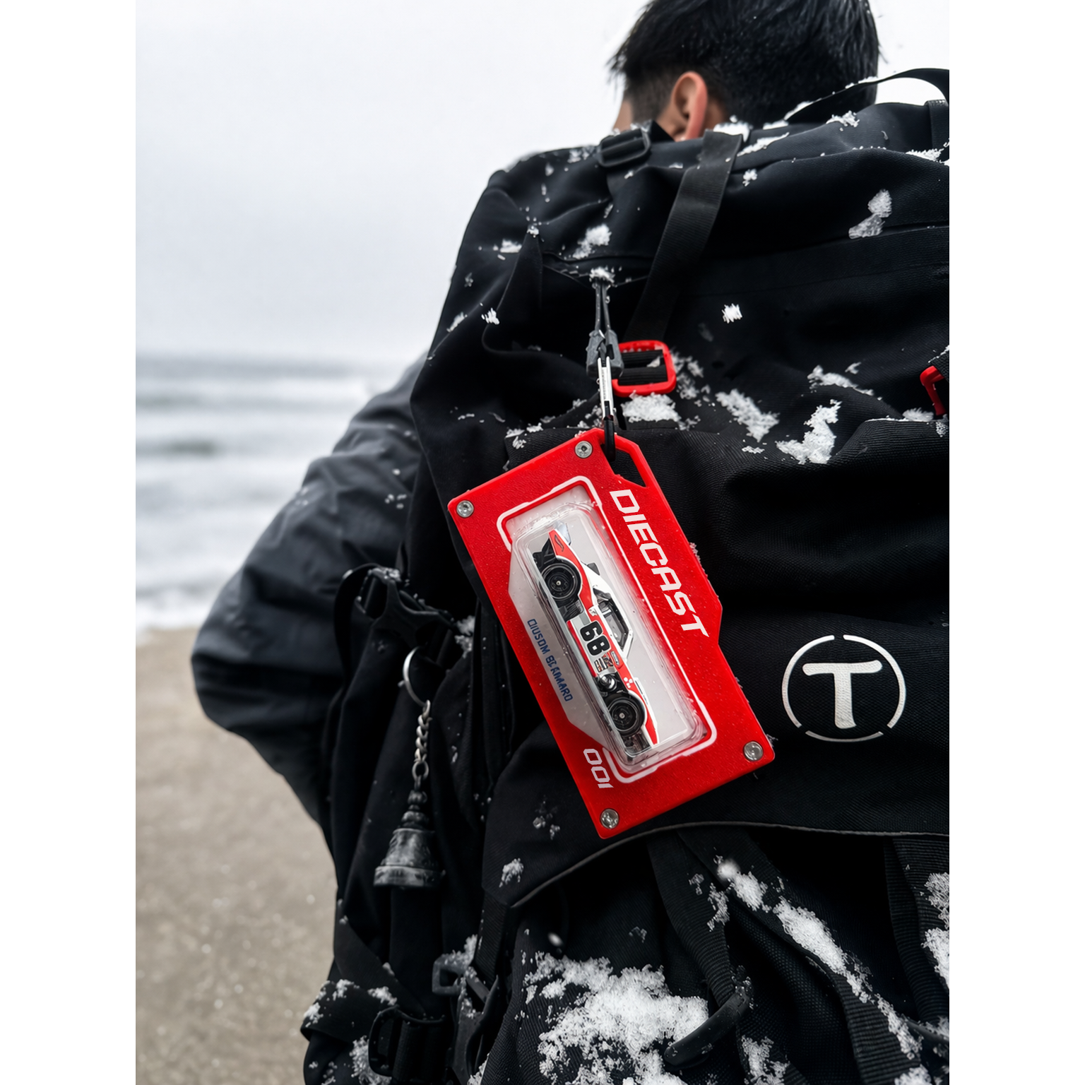 diecast red bag tag in snow