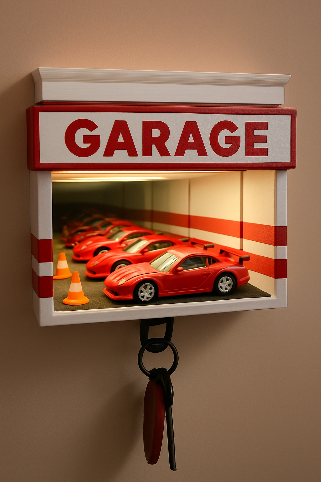 Wall-mounted display with 'GARAGE' sign and model cars inside