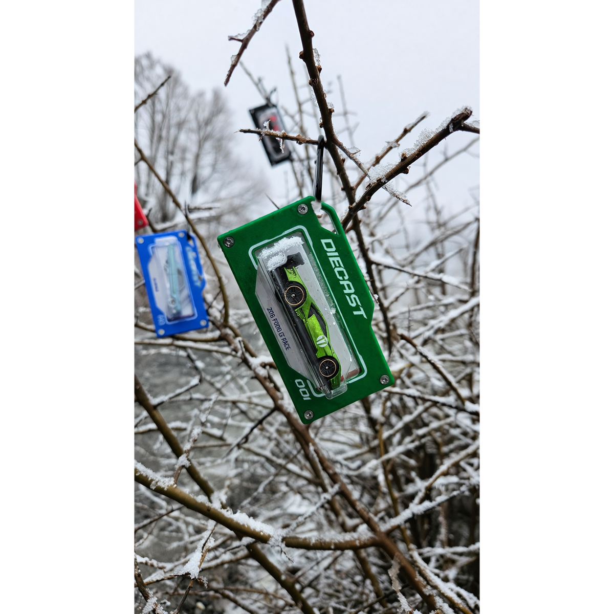 diecast green bag tag in snow