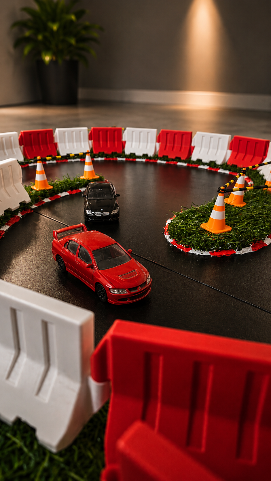 A miniature red toy race car and a small black car on a dark tabletop track, surrounded by red-and-white barriers, orange-and-white cones, and green grass accents in a toy-land setup.