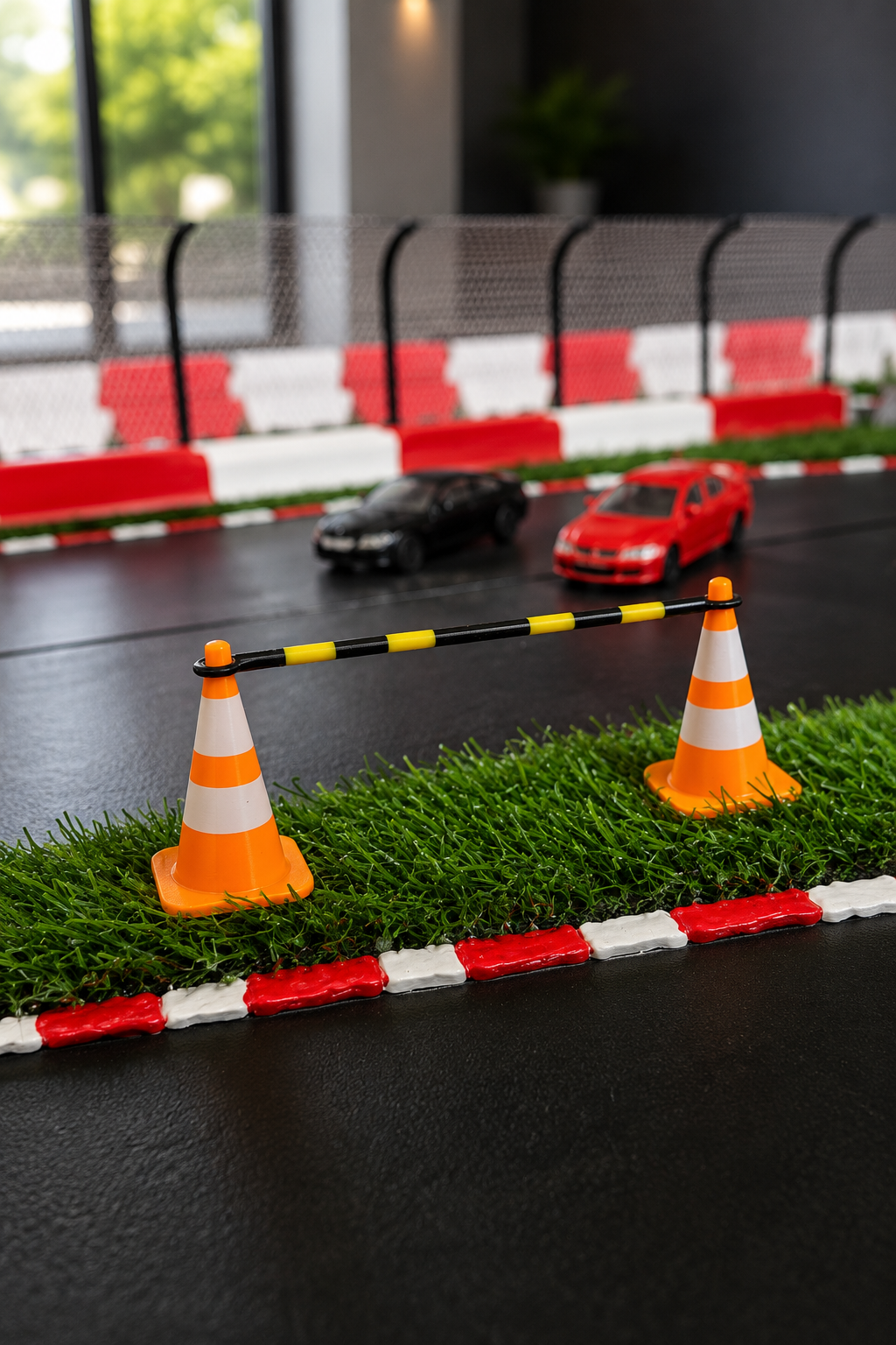 A miniature toy race track setup with two small cars, orange-and-white traffic cones, a black-and-yellow barrier, green artificial grass, and red-and-white track barriers in the background.